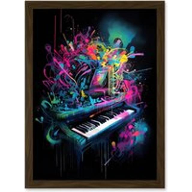 Melodic Explosion Piano Bursting in Vibrant Colours Modern Acrylic Paint Painting Artwork Framed Wall Art Print A4 - Brown - One Size