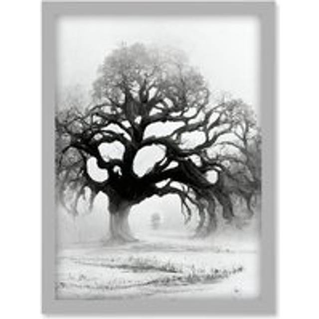 Old Oak Tree In Misty Landscape Pen Ink Illustration Artwork Framed Wall Art Print A4 - Grey - One Size
