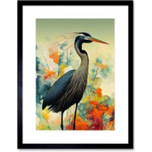 Wall Art Print Heron Bird in Abstract Flower Field Colourful Teal Orange Navy Artwork Framed 9X7 Inch - Black - W7 inch x H9 inch