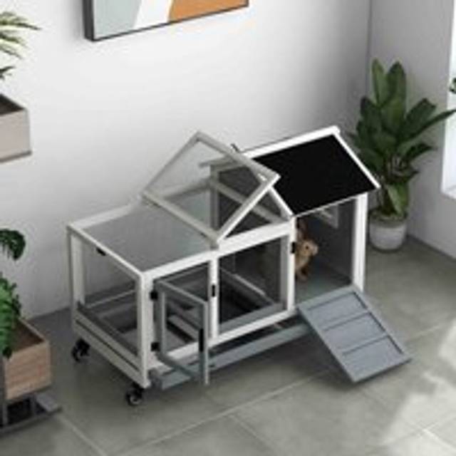 PawHut Wooden Rabbit Hutch - Small Animal House w/ Wheels - Removable Tray - Yellow | TJ Hughes