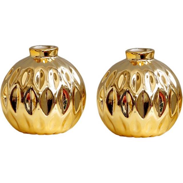 2X Ceramic Small Vase Small Flower Embossed Fish Lip Pattern Crafts Home Decorations (Gold)