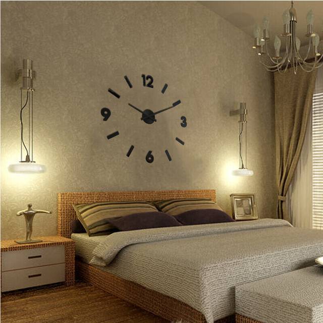 (Black) 3D Wall Clock Modern Large Home Decor Sticker Frameless Black Mirror