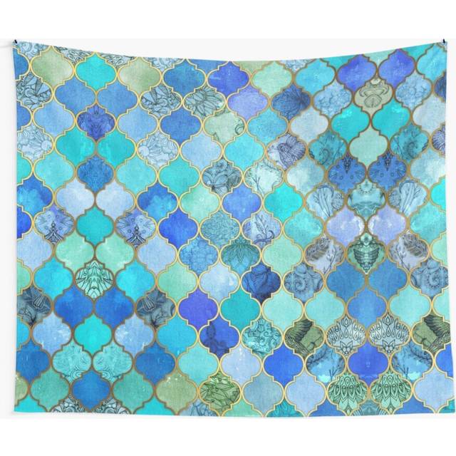 Tapestry 60x50inch Cobalt Blue, Aqua Gold Decorative Moroccan Tile Pattern Wall Hanging Art DÃ©cor Living Room