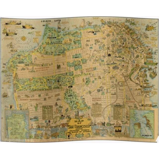 Posters Vintage San Francisco Map 16x20 inch or 20x20 inch Wall Art Soccer Print