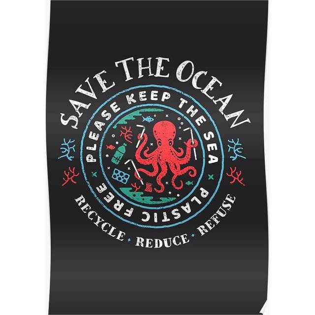 Posters Save The Ocean - Please Keep the Sea Plastic Free - Octopus Scene 16x20 inch or 20x20 inch Wall Art Soccer Print