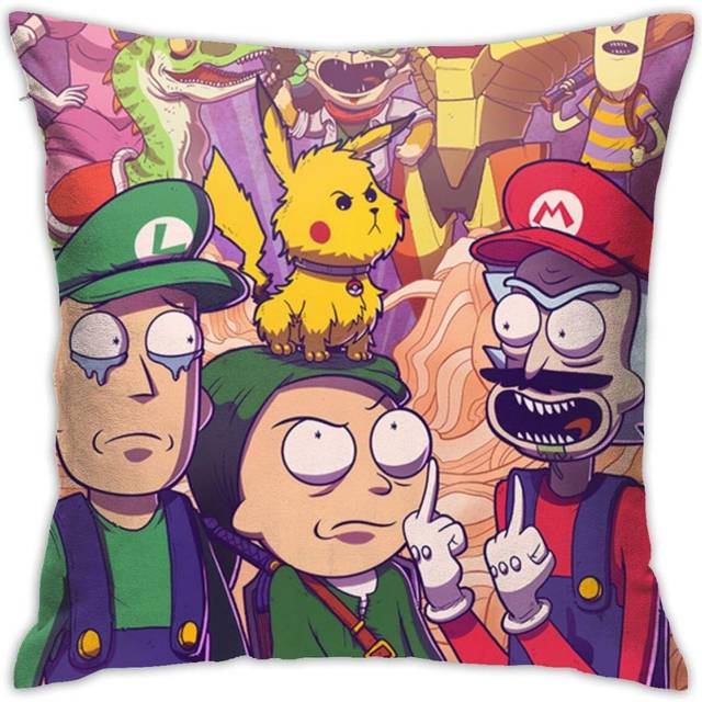 Funny Cartoon Super Mario Rick Morty Throw Pillow Covers 18 X 18 Inch, Pillow Case Modern Cushion Cover Square Pillowcase Decoration.