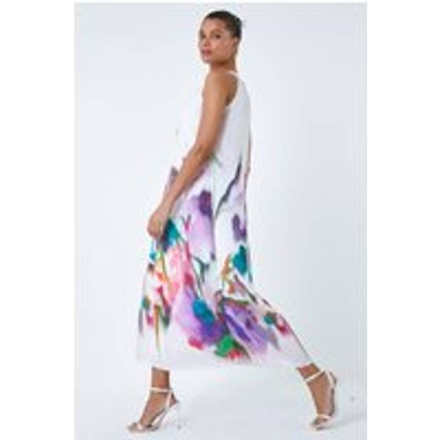 Roman Ivory Abstract Floral Pleat Detail Trapeze Dress - Size 14