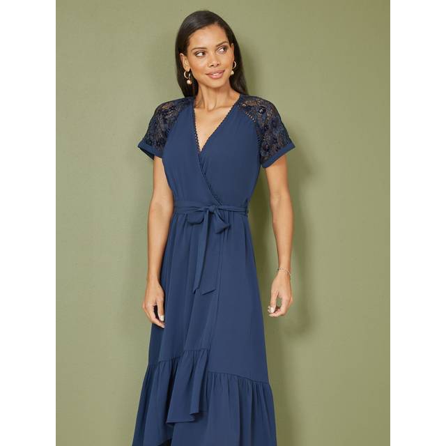 Yumi Womens Navy Lace Sleeve Midi Wrap Over Dress - Size 12 UK