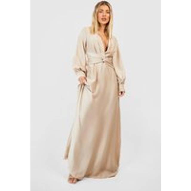 Womens Satin Twist Front Maxi Dress - Beige - 12, Beige