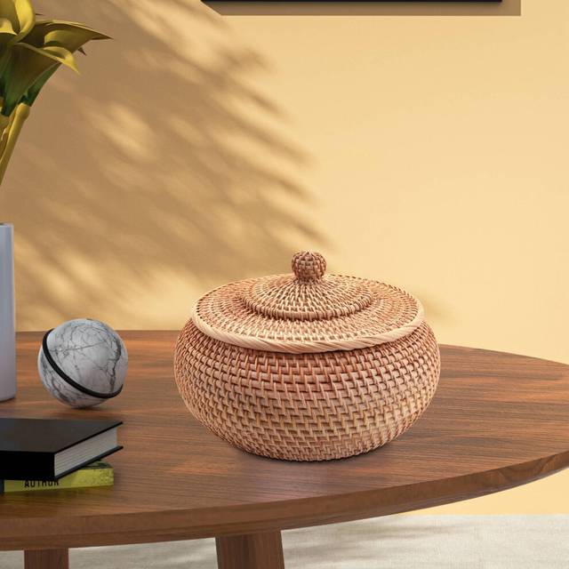 Round Rattan Box,Wicker Fruit Basket with Lid Bread Basket Tray Storage Basket Willow Woven Basket for Bread,