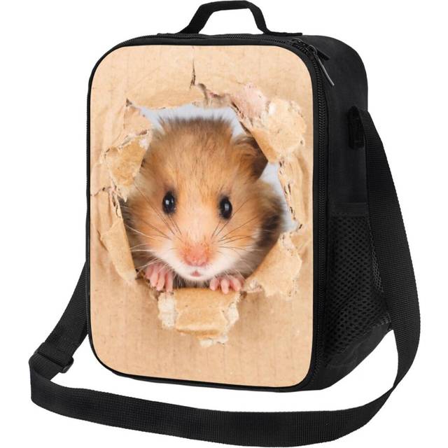 Kids Lunch Bag Cant Breathe - Cute Hamster Peeping Through Hole In Brown Cardboard Insulated Tote Box for Girls Boys Back to School