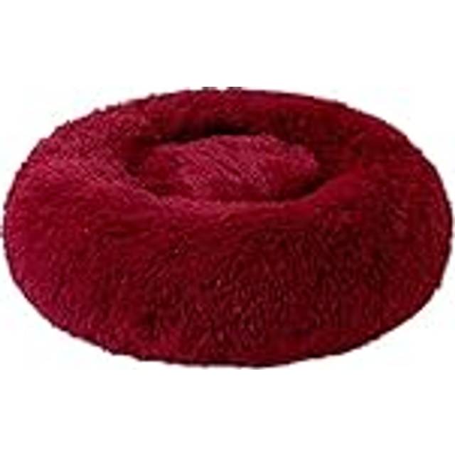 Munkformad hundbädd stor tvättbar rund lugnande fluffig mjuk plysch husdjur kramare för medium liten hund katt ångestlindring kennel (70 cm, röd)
