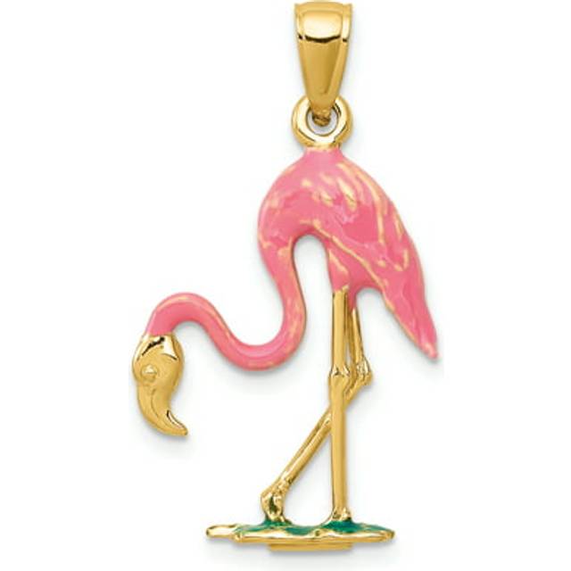 14K Yellow Gold Enameled 3-D Pink Flamingo Pendant