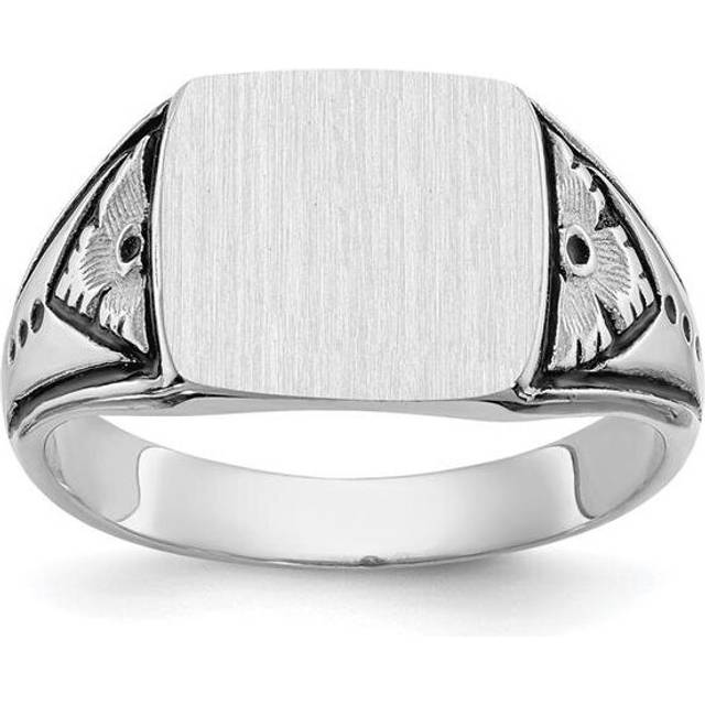 14K White Gold 11 x 11.5 mm Closed Back Antiqued Mens Signet Ring - Size 9