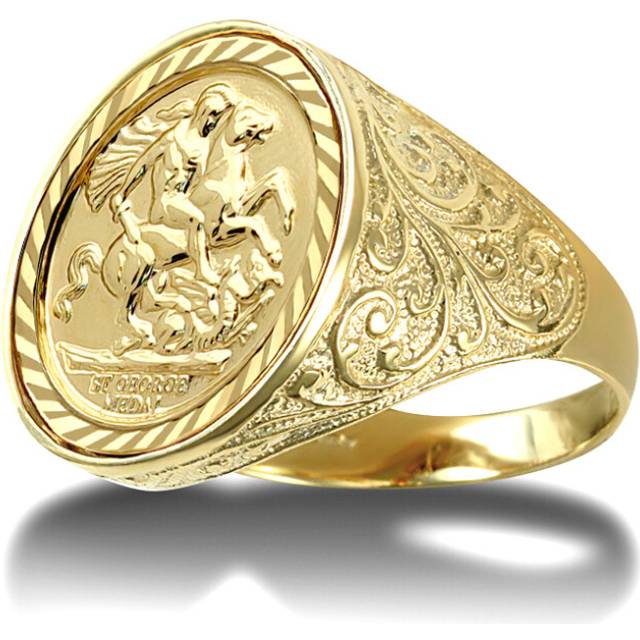 (Z) Jewelco London Men's Solid 9ct Gold Floral Engraved St George & Dragon Medallion Ring (Full Sov Size) - JRN185-F-SG