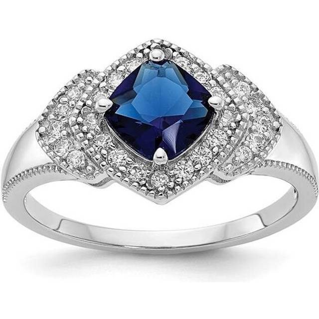 Quality Gold QCM1571-8 Sterling Silver Cheryl M Rhodium-plated Fancy Blue Glass & CZ Ring, Size 8