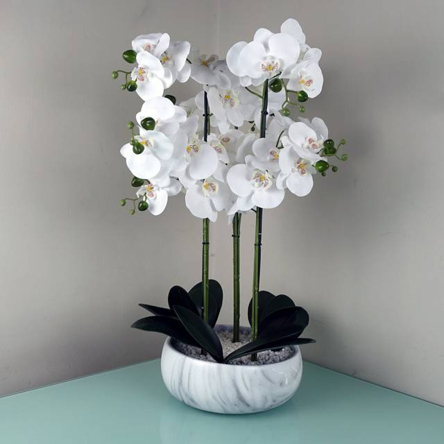 Leaf 60Cm Orchid Artificial White - Marble Effect Ceramic Planter, White