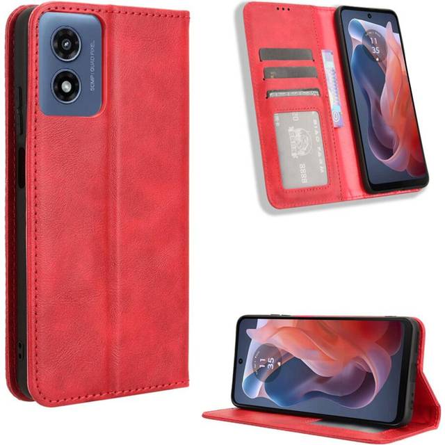 (Red) Case For Motorola MOTO G Play 4G 2024 Wallet Magnetic Closure PU Leather
