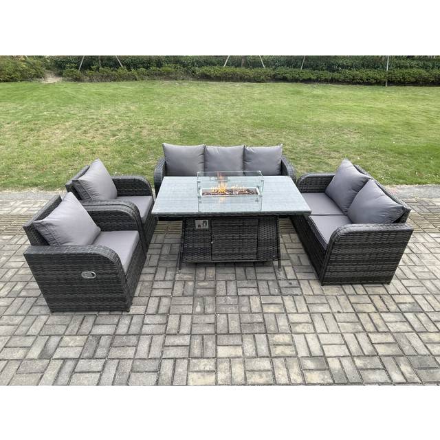 Garden Patio Furniture Wicker Rattan Gas Fire Pit Table and Sofa Chair set Dark Grey Mixed - One Size