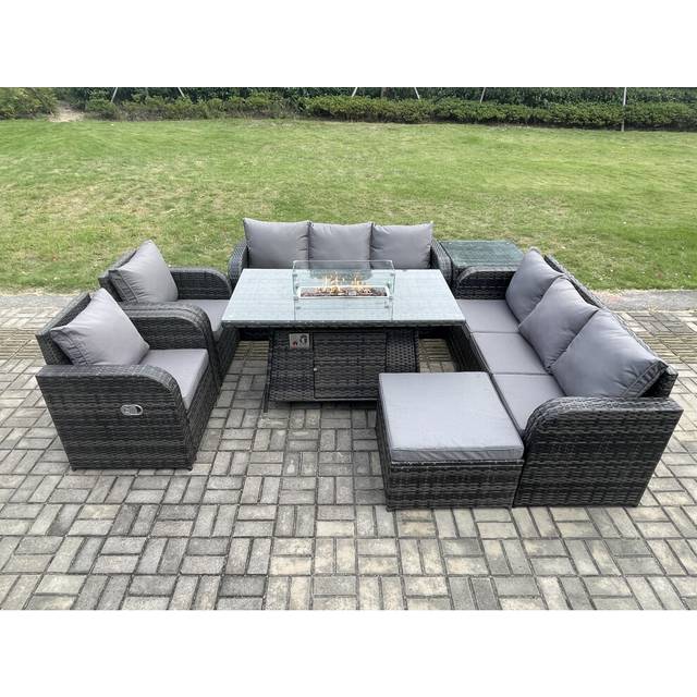 Fimous Outdoor Rattan Garden U Shape Furniture Gas Fire Pit Table Sets Gas Heater Lounge Sofa Dark Grey Big Footstool 10 Seater