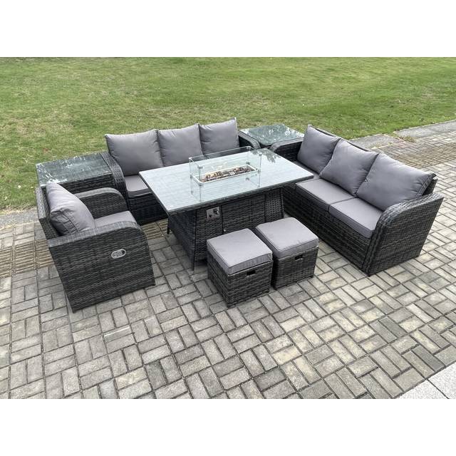9 Seater Wicker Rattan Garden Furniture Set Gas Fire Pit Dining Table Reclining Chair 3 Seater Sofa Set Indoor Outdoor with Side Table 2 Small