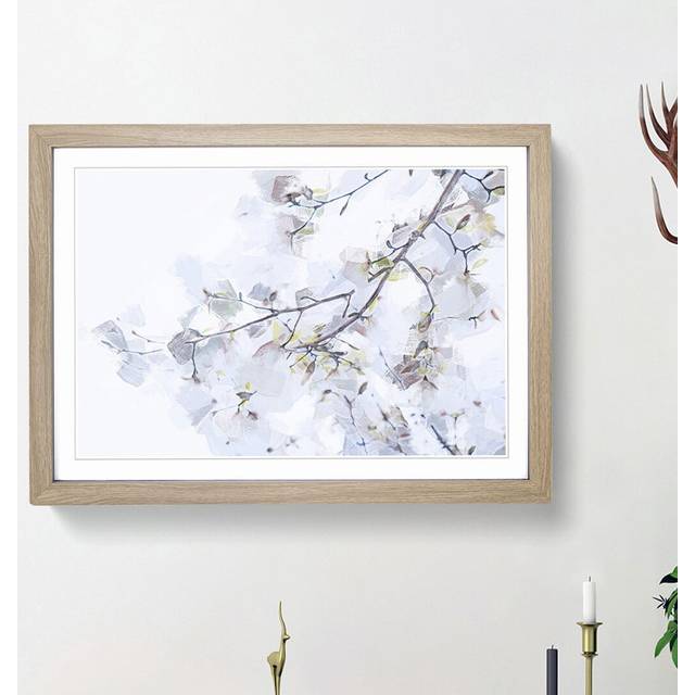 Branch of a White Magnolia Tree in Abstract - Picture Frame Painting Print - Oak Framed (48cm H x 65cm W x 2cm D)