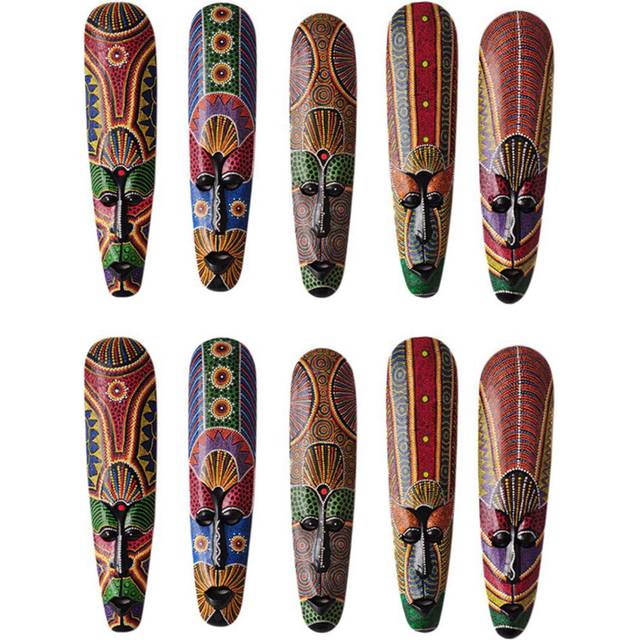 2X Wooden Mask Wall Hanging Solid Wood Carving Painted Wall Decor Bar Home Decorations African Mask A