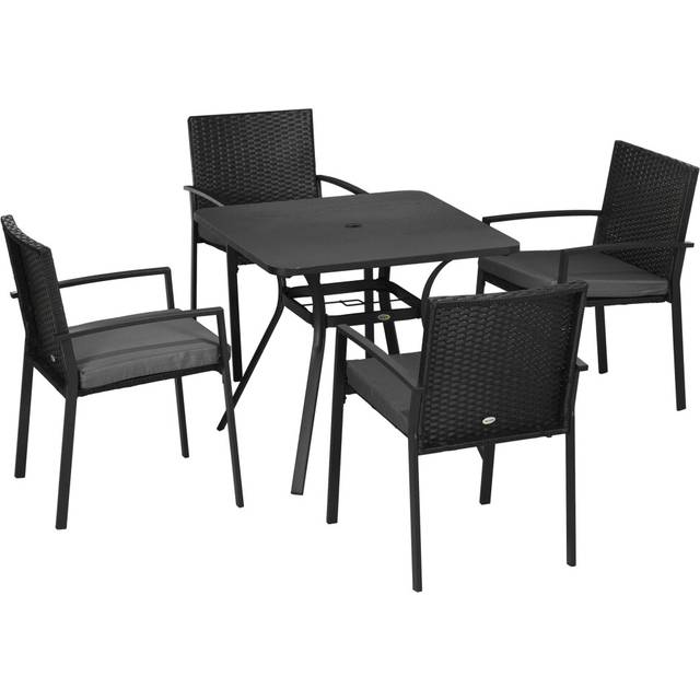 Outsunny Rattan Garden Dining Set for 4 with Cushions Umbrella Hole - Black | TJ Hughes