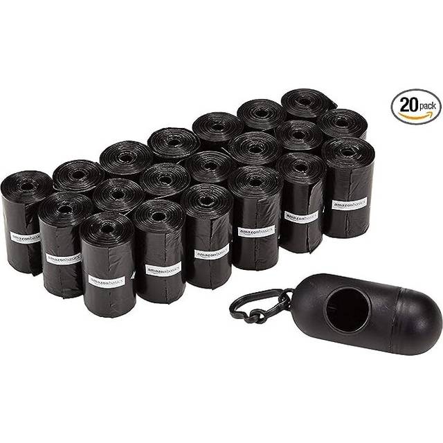 Amazon Basics Dog Poop Bags With Dispenser and Leash Clip, Unscented, 15 Count (Pack of 20), Total 300 Count, Black, 13 Inch x 9 Inch