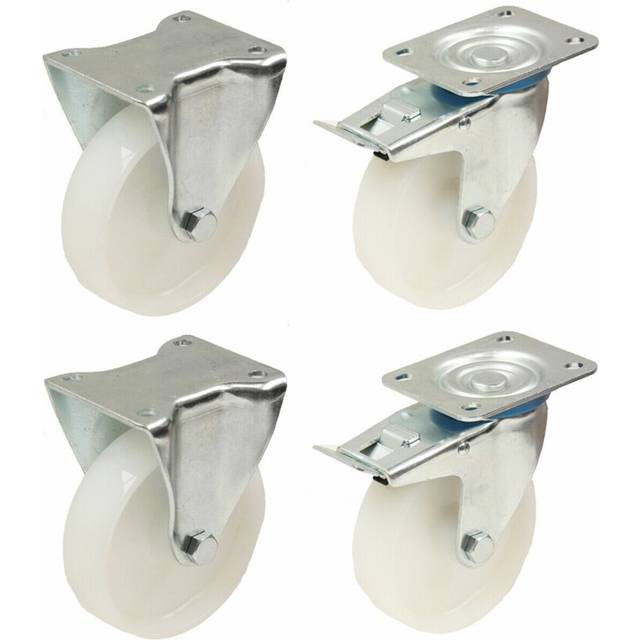 "100mm 4"" inch nylon castors heavy duty fixed & braked castors set 150kg each - s"