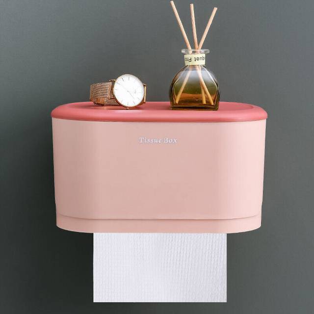 (a-pink large) Toilet Bathroom Punch-free Wall-mounted Waterproof Tissue Box Toilet Paper Holder Paper Roll Paper Box Sanitary Plastic Storage