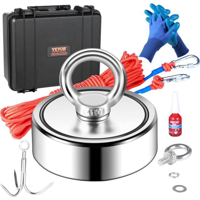 VEVOR Magnet Fishing Kit, 1200lbs dragkraft dubbelsidiga fiskemagneter, 2,95 tums diameter magnet med rep, gripkrok, handskar, vattentät fodral, trådlås, ögonbult, för fiske