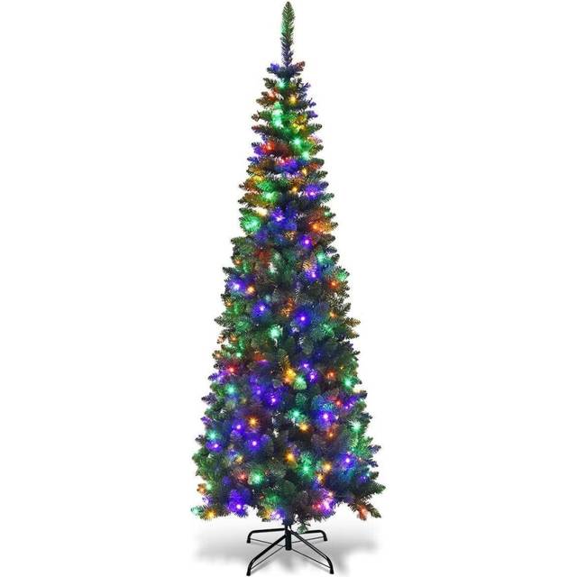 8Ft/2.4M Pre Lit Artificial Green Slim Christmas Pencil Tree,828 Pointed Tips,300 Multicolour LEDs