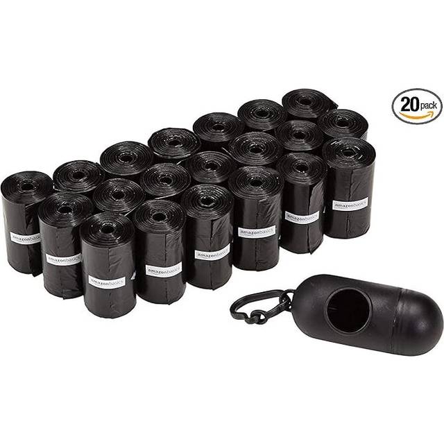 Amazon Basics Dog Poop Bags With Dispenser and Leash Clip Unscented 15 Count  Total 300 Count, Black 13 Inch x 9 Inch (Pack of 20)