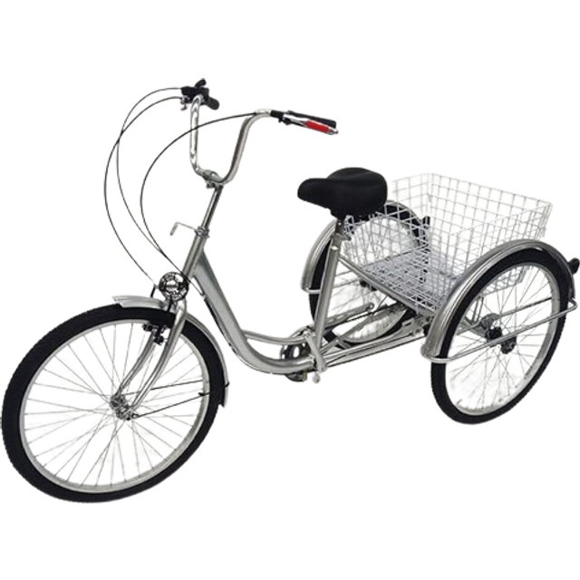 CCAUUB 24 tum vuxen trehjuling, 6-växlad trikes cruiser cykel, 3-hjulingar med stor korg, för utomhus/shopping/fritid/picknick, för kvinnor/män/seniorer (silver, med ljus)