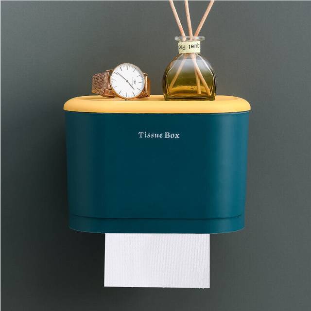 (a-dark blue trumpet) Toilet Bathroom Punch-free Wall-mounted Waterproof Tissue Box Toilet Paper Holder Paper Roll Paper Box Sanitary Plastic Storage