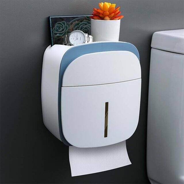 (a-Upgraded blue) Toilet Bathroom Punch-free Wall-mounted Waterproof Tissue Box Toilet Paper Holder Paper Roll Paper Box Sanitary Plastic Storage