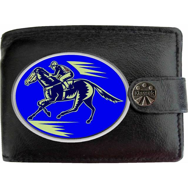 (Standard) Horse and Jockey on Blue Badge Mens Wallet Chain Leather Coin Pocket Klassek RFID Blocking Credit Card Slots and Metal Gift Box