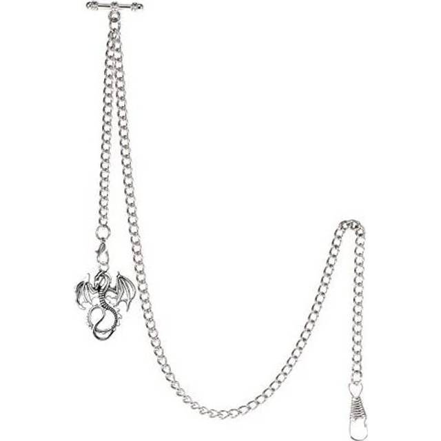 TREEWETO Men&#39;s Albert Chain Pocket Watch Curb Link Key Chain 2 Hooks with Antique Dragon Pendant Design Charm Fob T Bar