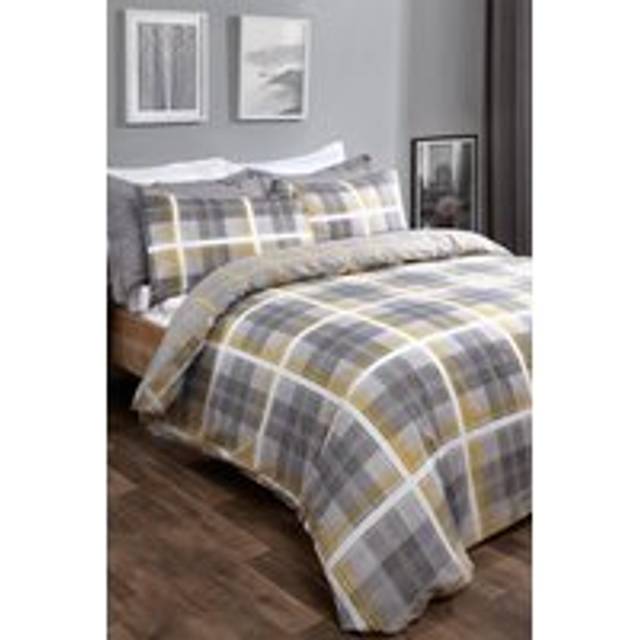 Dreamscene Denim Check Duvet Cover Set, Grey/Blush - Double - Pink