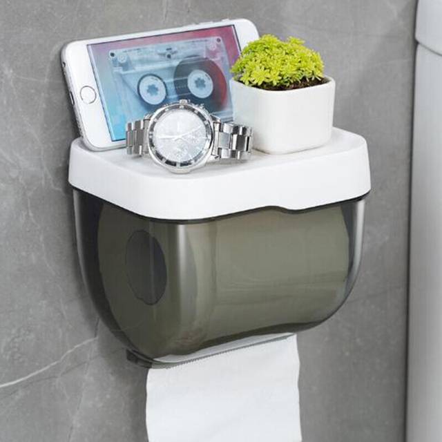(a-Light Grey) Bathroom Toilet Paper towel Holder Wall Mount Plastic WC Toilet Paper Holder with Storage Shelf Rack Paper Storage Box