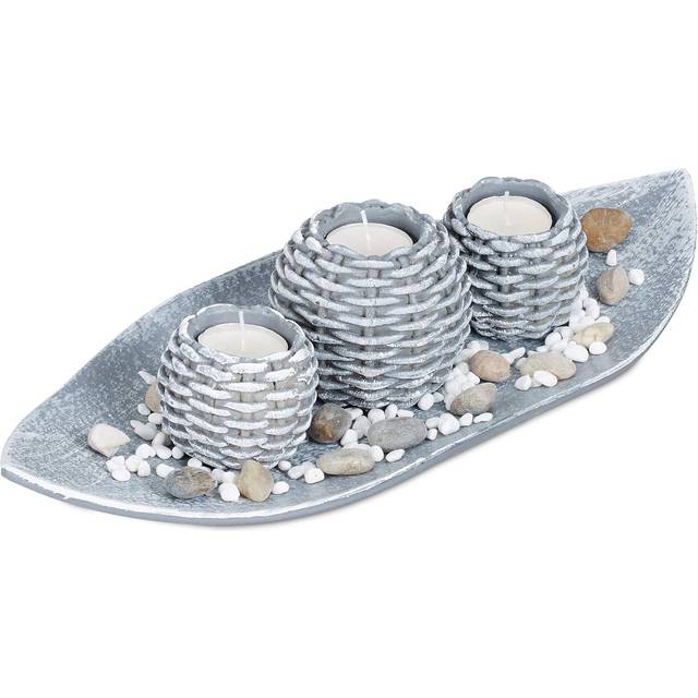 Decorative Candle Set, Tealight, Tray, Decorative Pebbles, Round Holders, Braided Design, 38.5 cm, Silver - Relaxdays