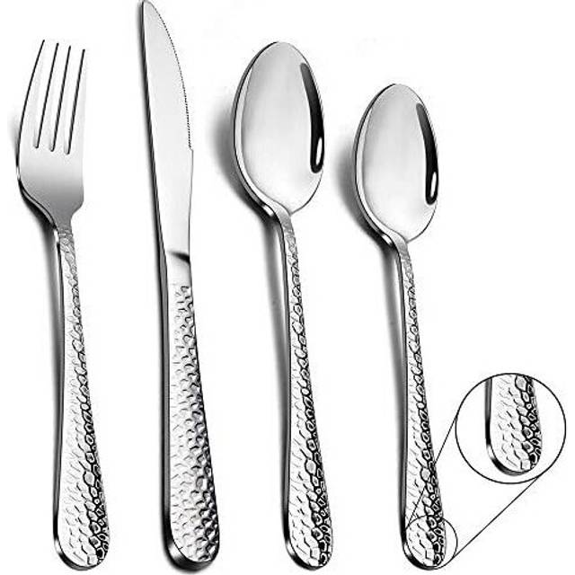 Cutlery Set, 24 Piece Hammered Flatware Cutlery Sets, Stainless Steel Silverware Set for Home/Office/Party, Knife Fork Spoon Eating Utensils Set