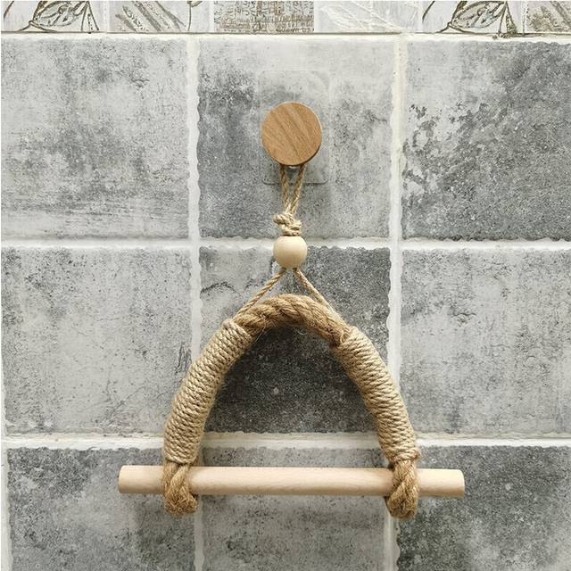 (a-Wooden beads) Round Hook Hemp Toilet Paper Holder Vintage Towel Hanging Rope Toilet Paper Holder Home Hotel Bathroom Decoration Supplies