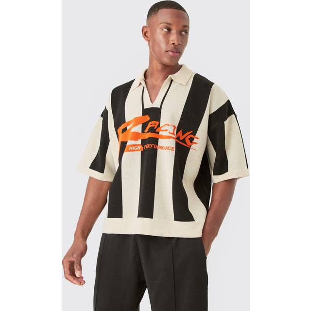 Boxy Moto Stripe Knitted Polo - Black - L