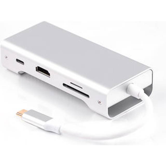 NÖRDIC 1 till 7 USB C Aluminium Dockningsstation 1xHDMI 4K 30Hz 1xRJ45 Giga Ethernet 2xUSB 3,1 5Gbp 1x USB C PD87W 1xSD/TF kortläsare silver
