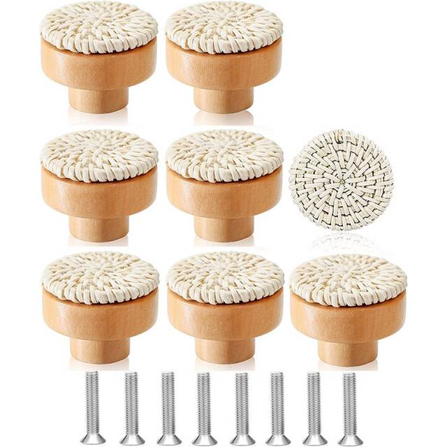 8PCS Boho Rattan Dresser Knobs Wood Drawer Knobs Handmade Woven Wicker Knobs Pull Handle for Cabinet Home Decor