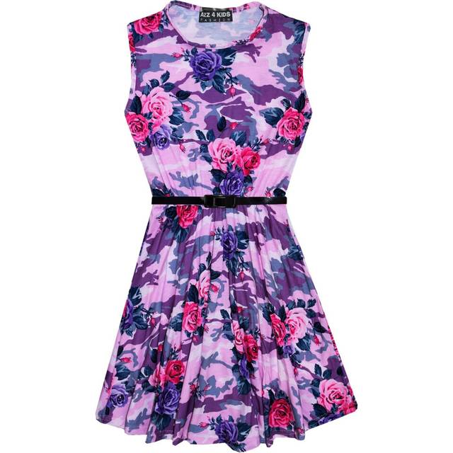(5-6 Years, Baby Pink) Girls Skater Dress Camo Floral Print Summer Party