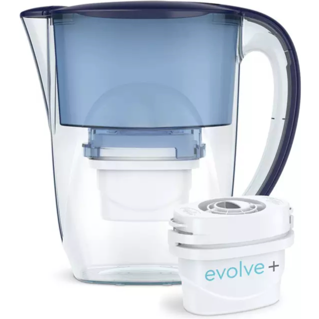 Aqua Optima Oria Vattenfilterkanna & 3 x 30 Day Evolve+ filterpatron, 2,8 liter kapacitet, för minskning av mikroplast, klor, kalk och föroreningar, blå