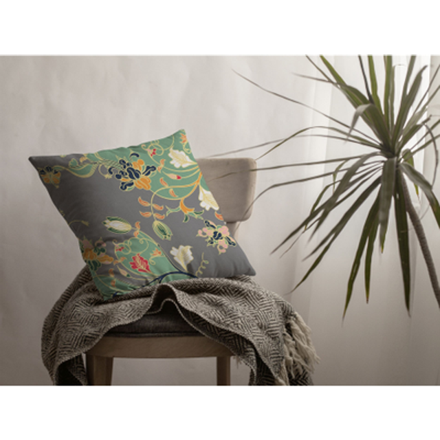 Carnation Garden Suede Blown and Closed Pillow Orange Green on Gray